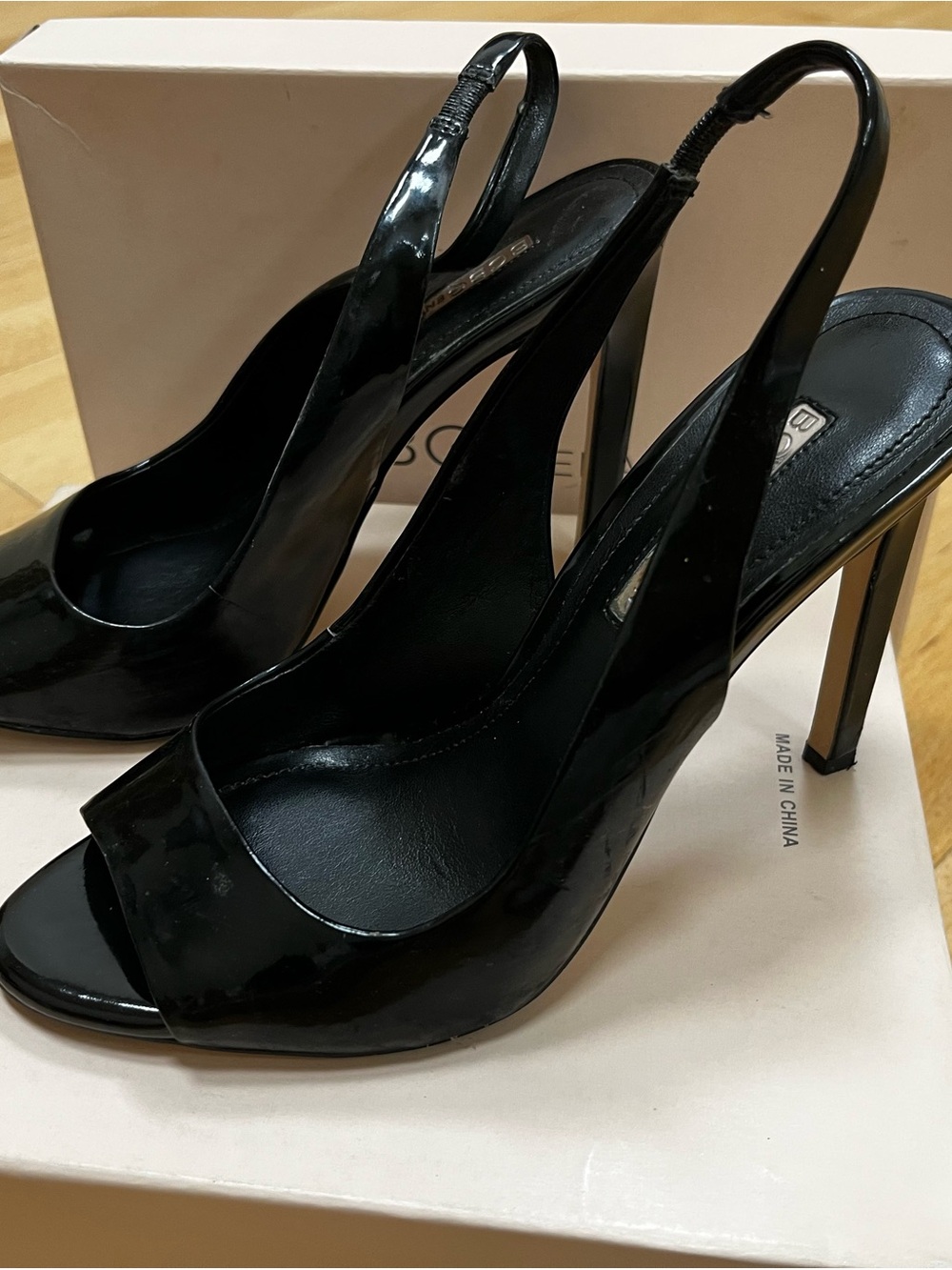 BCBGeneration Black Patent Slingback Peep-Toe Stilettos